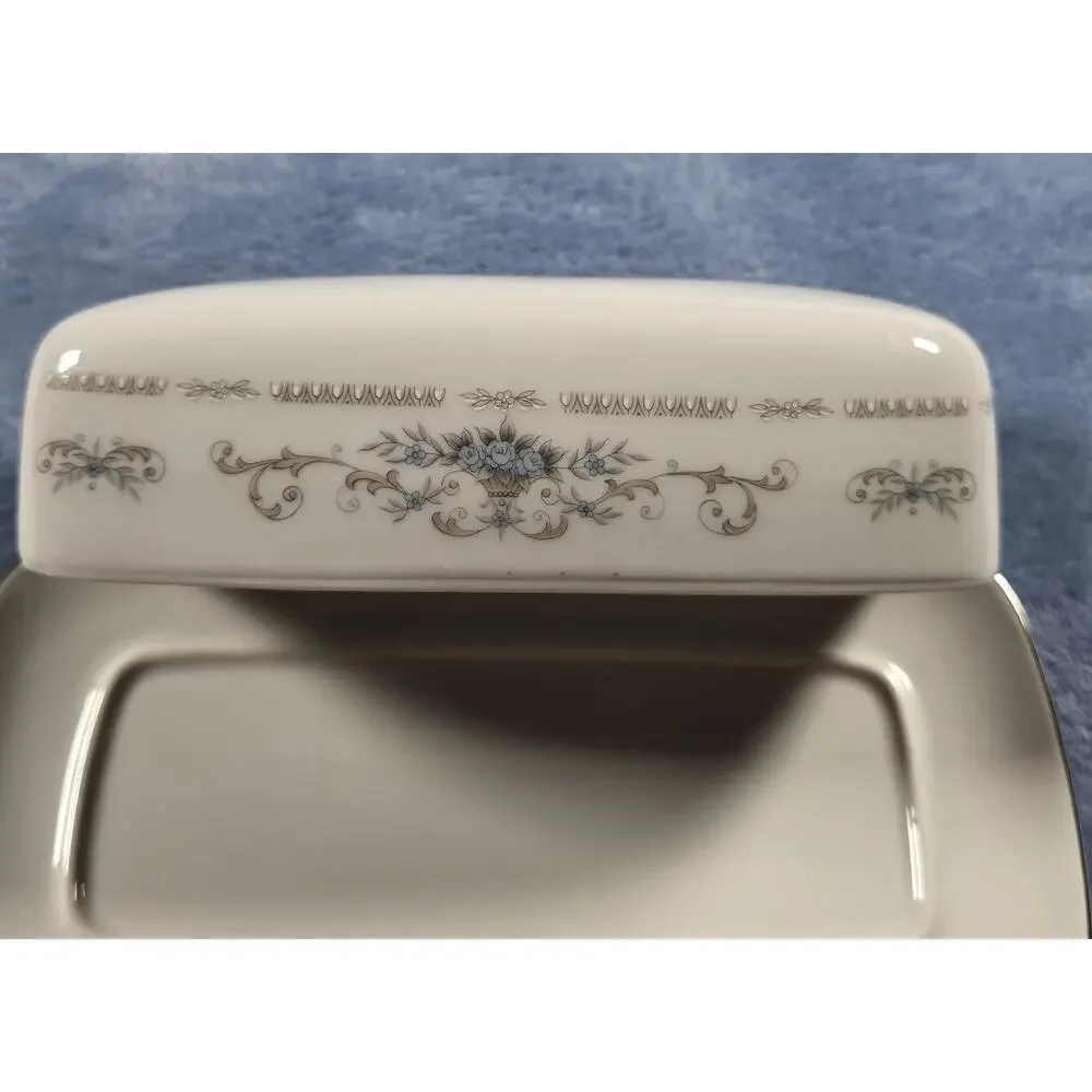 Vintage Diane Japan Fine Porcelain Covered Butter Dish Blue Floral Silver Trim